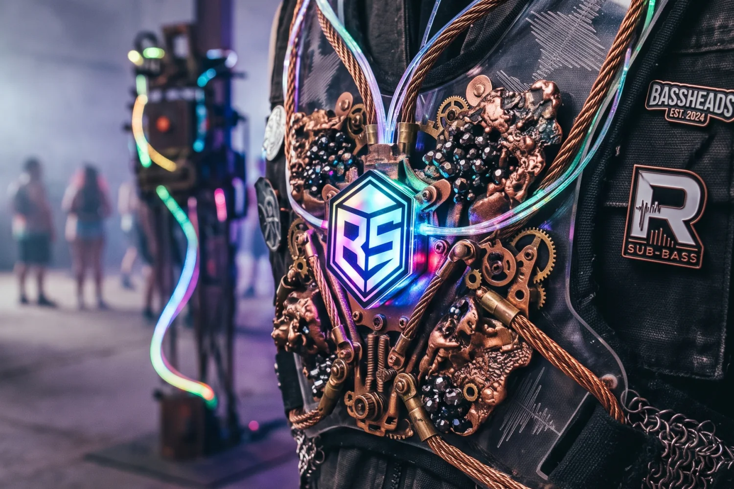 Close-up of an illuminated handmade bass-festival outfit with metallic details