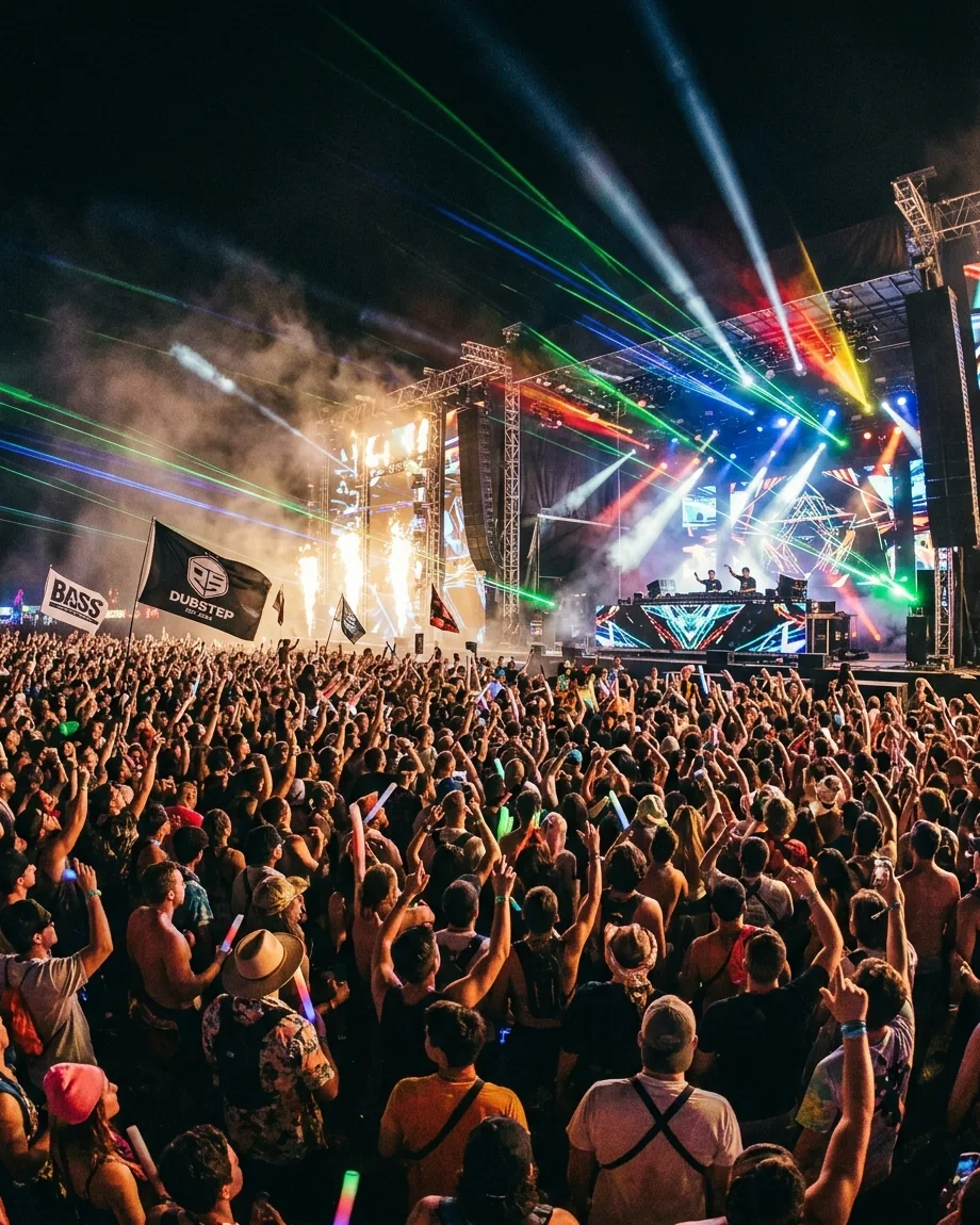 A packed outdoor crowd facing a festival stage filled with lasers and pyrotechnics